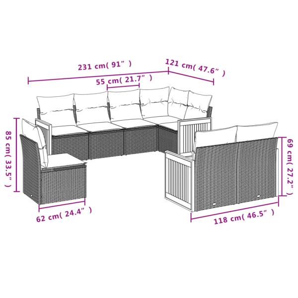 8-teiliges Gartensofa-Set mit Kissen, schwarzes Polyrattan