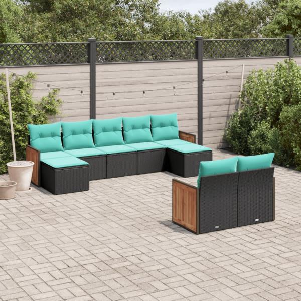 ARDEBO.de - 9-teiliges Gartensofa-Set mit Kissen, schwarzes Polyrattan