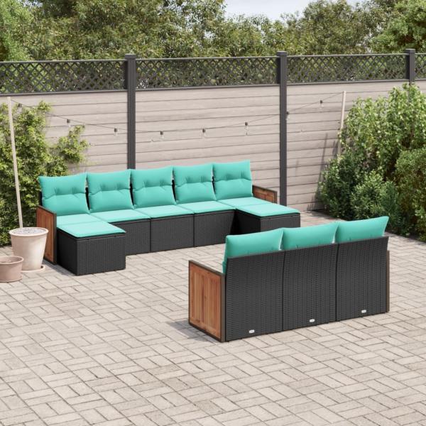 ARDEBO.de - 10-teiliges Gartensofa-Set mit Kissen, schwarzes Polyrattan