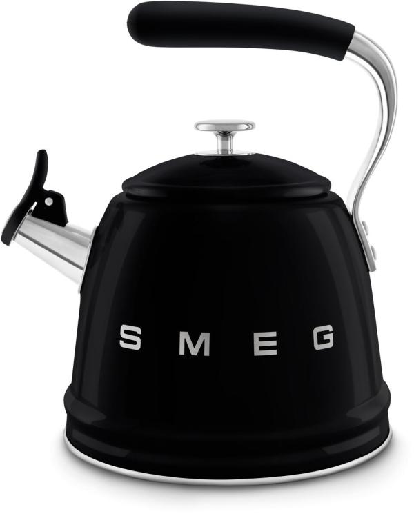 ARDEBO.de Smeg WKF01BL 50"s Style, Wasserkessel, 2,3 l Fassungsvermögen, für alle Herdarten inkl. Induktion, autom. öffnende Pfeife, leicht aufklappbarer Ausguss, schwarz