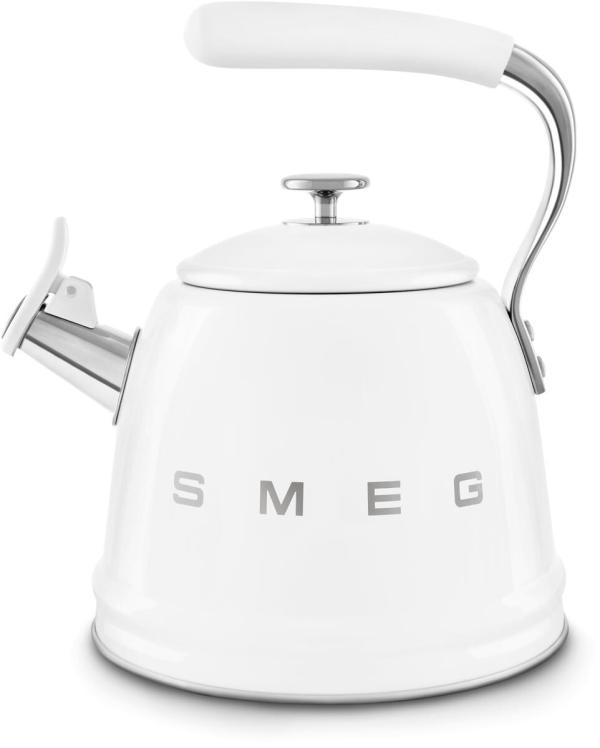 ARDEBO.de Smeg WKF01WH 50"s Style, Wasserkessel, 2,3 l Fassungsvermögen, für alle Herdarten inkl. Induktion, autom. öffnende Pfeife, leicht aufklappbarer Ausguss, weiß