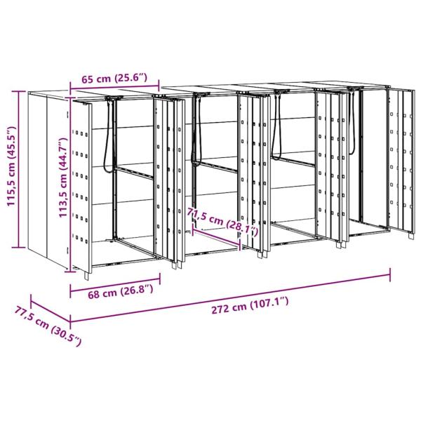 Wagenmüllbehälter für 3 Behälter Silber 340 x 77,5 x 115,5 cm