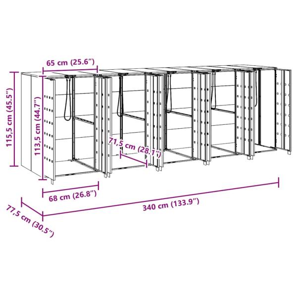 Wagenmüllbehälter für 3 Behälter Silber 340 x 77,5 x 115,5 cm