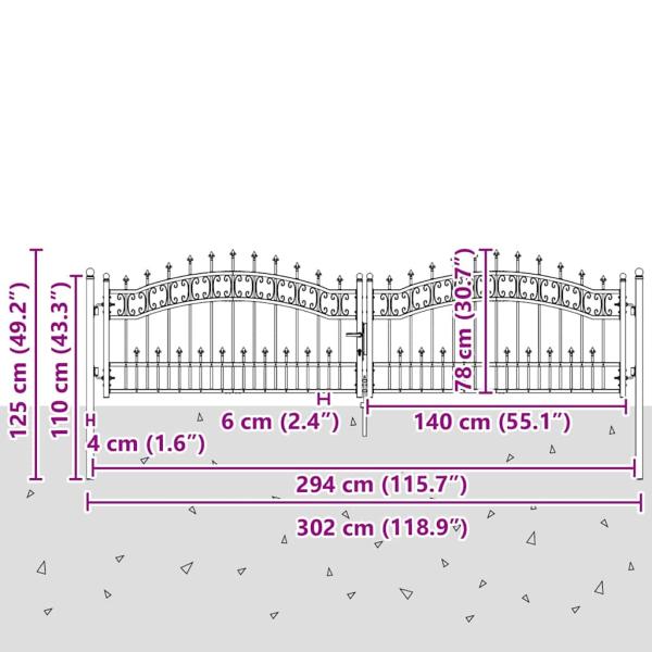 Zauntor mit Speer-Top mit Schloss Grau 305 x 75 cm Stahl