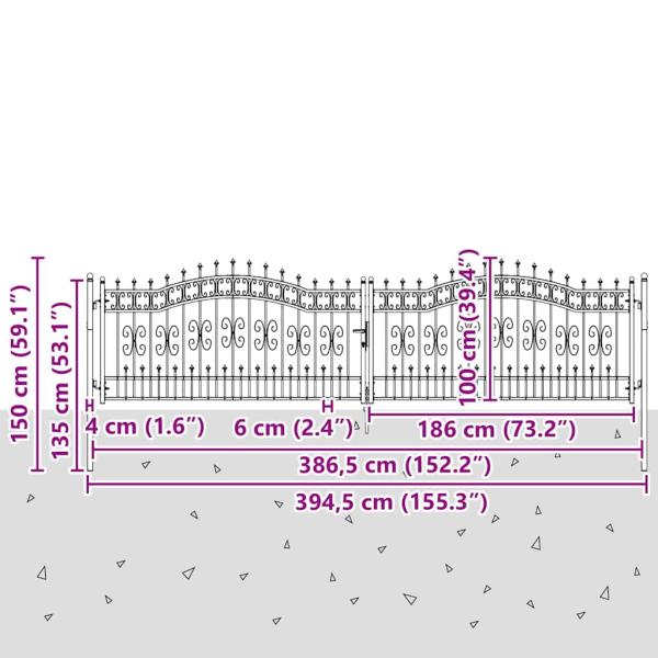 Zauntor mit Speer-Top mit Schloss Grau 404 x 100 cm Stahl