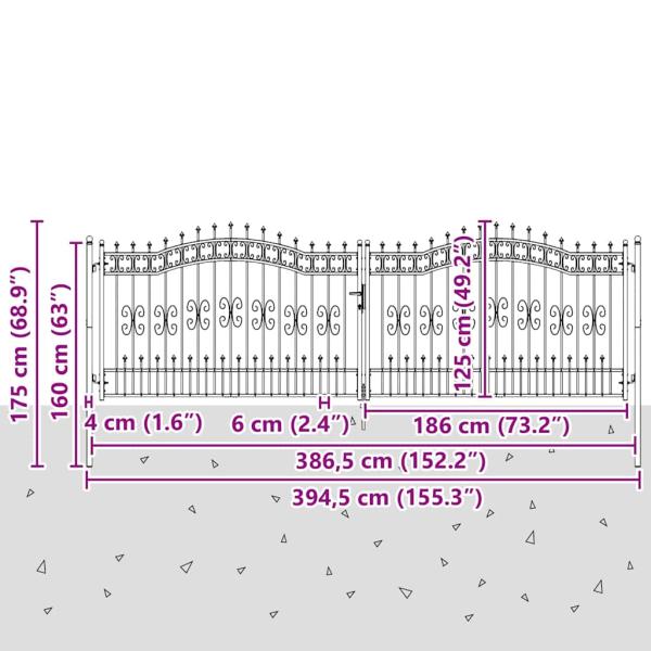 Zauntor mit Speer-Top mit Schloss Grau 404 x 125 cm Stahl