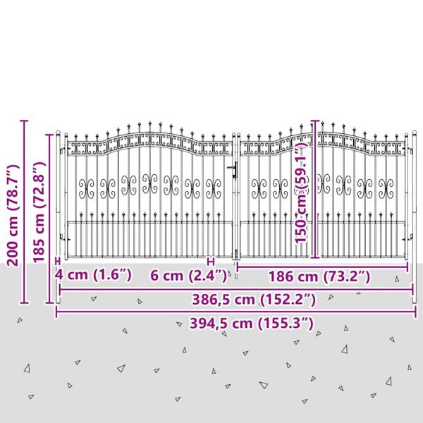 Zauntor mit Speer-Top mit Schloss Grau 404 x 150 cm Stahl