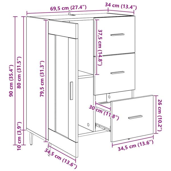 Sideboard mit Schubladen Schwarz Eichen-Optik 69,5 x 34 x 90 cm