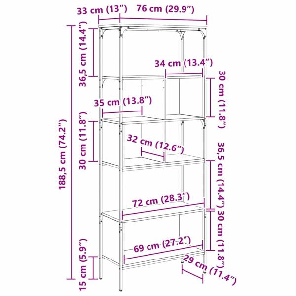 Bücherregal Schwarz Eichen-Optik 76 x 33 x 188,5 cm