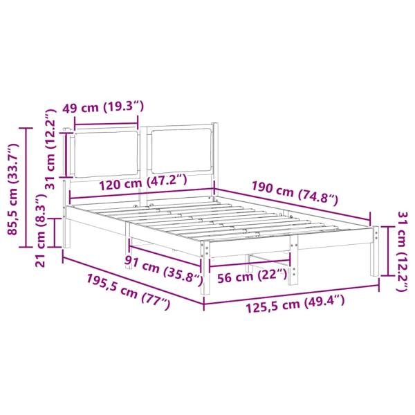 Bettrahmen Hellgrau 120 x 190 cm Massives Kiefernholz