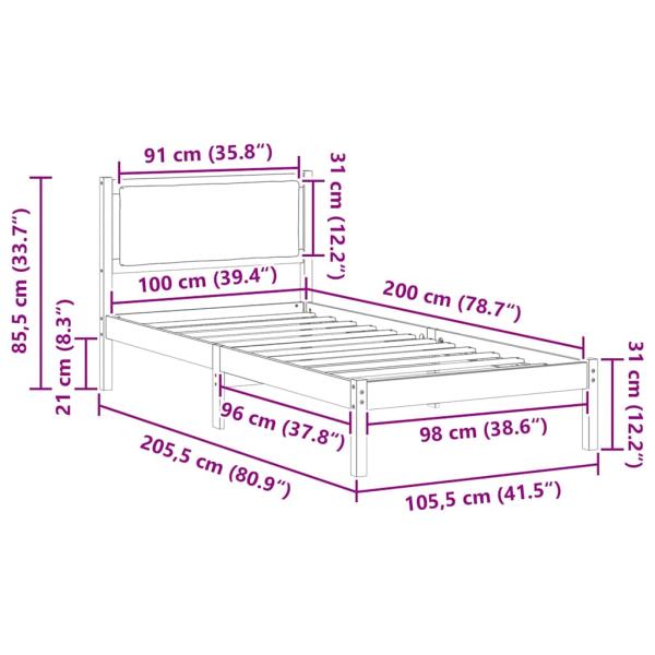 Bettrahmen Hellgrau 100 x 200 cm Massives Kiefernholz