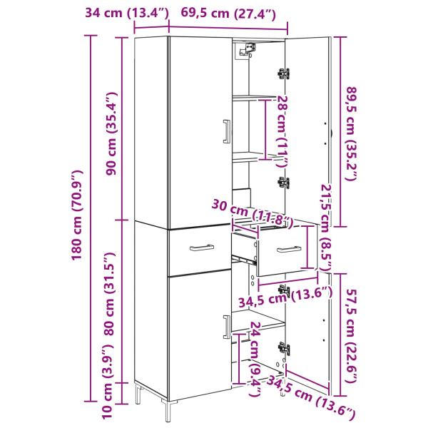 Hochboard Schwarz Eichen-Optik 69,5 x 34 x 180 cm Holzwerkstoff