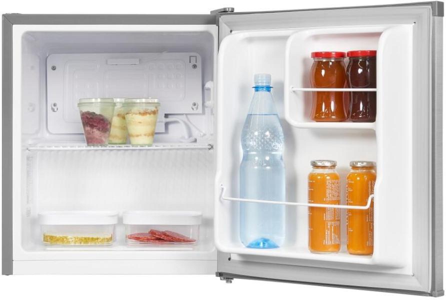 Exquisit KB05-V-040E Mini Standkühlschrank, 44 cm breit, 40L, 1 Ablage, Temperatureinstellung, Türdichtung und Türanschlag wechselbar, Edelstahloptik (PV)