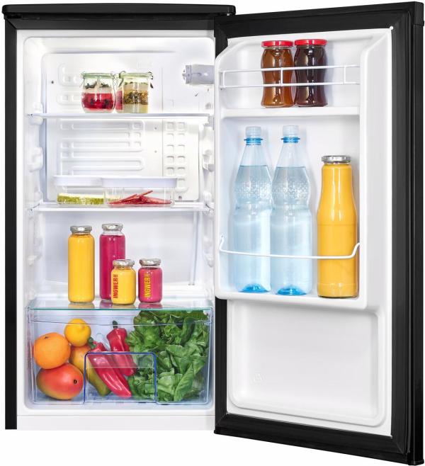 Exquisit KS85-V-091E Vollraumkühlschrank, 45 cm breit, 75 L, LED Beleuchtung, 1 Gemüseschublade, schwarz (PV)