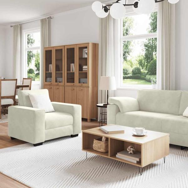 3-tlg. Sofagarnitur mit Kissen Creme Samt