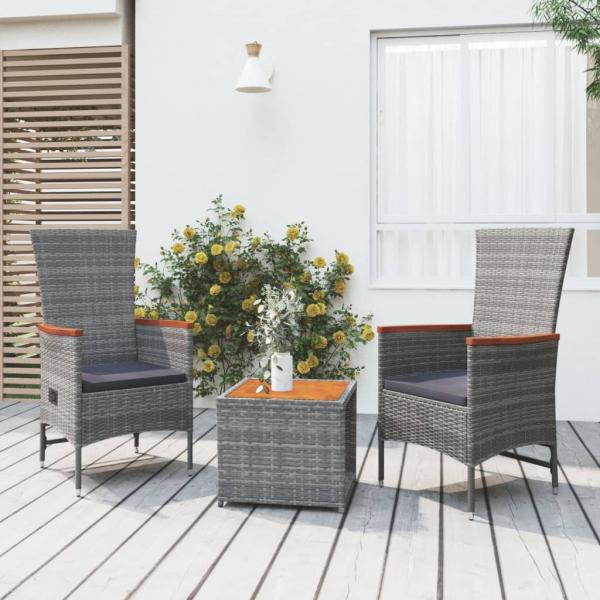ARDEBO.de - 3-tlg. Garten-Lounge-Set Grau Poly Rattan & Massivholz Akazie