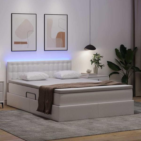 Bett mit LED-Lichtleisten Reinweiß 140 x 200 cm PVC