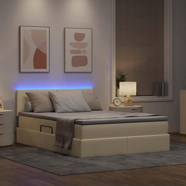 Bett mit LED-Lichtleisten mit Kopfteil Creme 140 x 200 cm Stoff