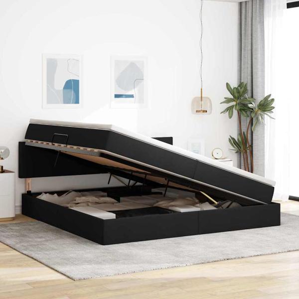 Bett mit LED-Lichtleisten Schwarz 200 x 200 cm Stoff