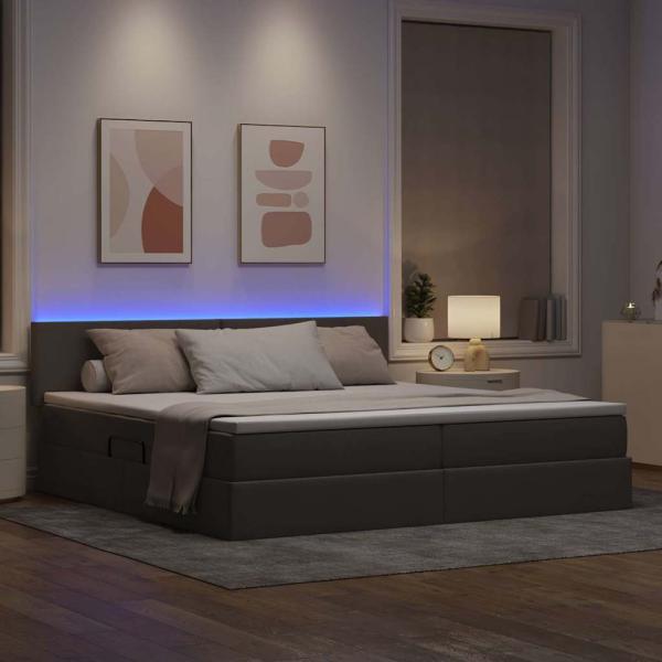 Bett mit LED-Lichtleisten mit Kopfteil Taupe 200 x 200 cm Stoff