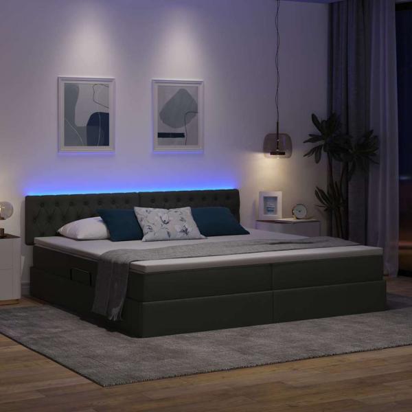 Bett mit LED-Lichtleisten Dunkelgrau 200 x 200 cm Stoff
