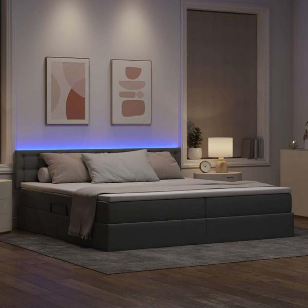 LED-Speicherbett mit Matratze Hellgrau 200 x 200 cm Stoff
