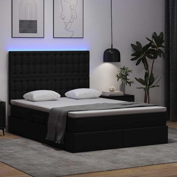 Bett mit LED-Lichtleisten mit Kopfteil Schwarz 140 x 190 cm PVC