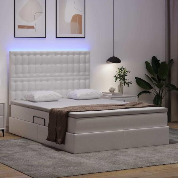 Bett mit LED-Lichtleisten Reinweiß 140 x 190 cm PVC