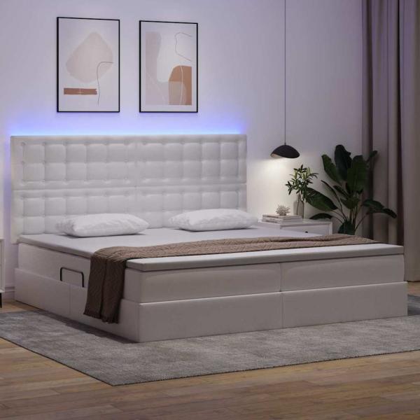 Bett mit LED-Lichtleisten Reinweiß 200 x 200 cm PVC