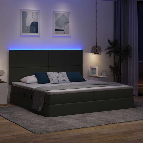 Bett mit LED-Lichtleisten Dunkelgrau 200 x 200 cm Stoff