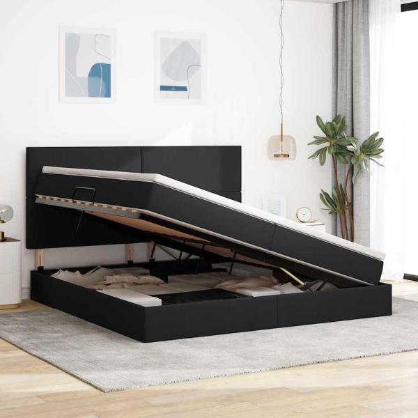 Bett mit LED-Lichtleisten Schwarz 200 x 200 cm Stoff