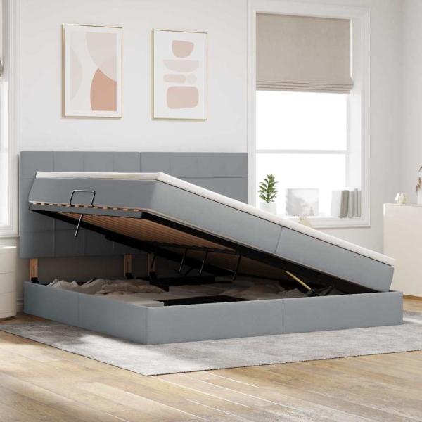Bett mit LED-Lichtleisten Hellgrau 200 x 200 cm Stoff