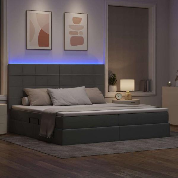 Bett mit LED-Lichtleisten Hellgrau 200 x 200 cm Stoff