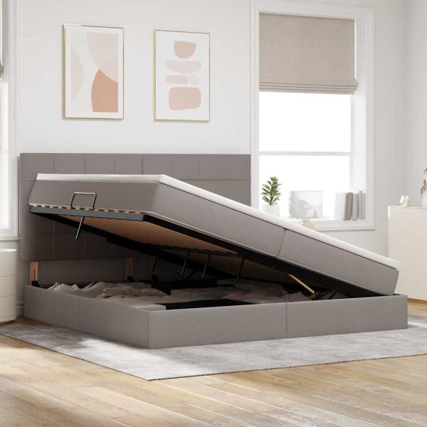 Bett mit LED-Lichtleisten mit Kopfteil Taupe 200 x 200 cm Stoff