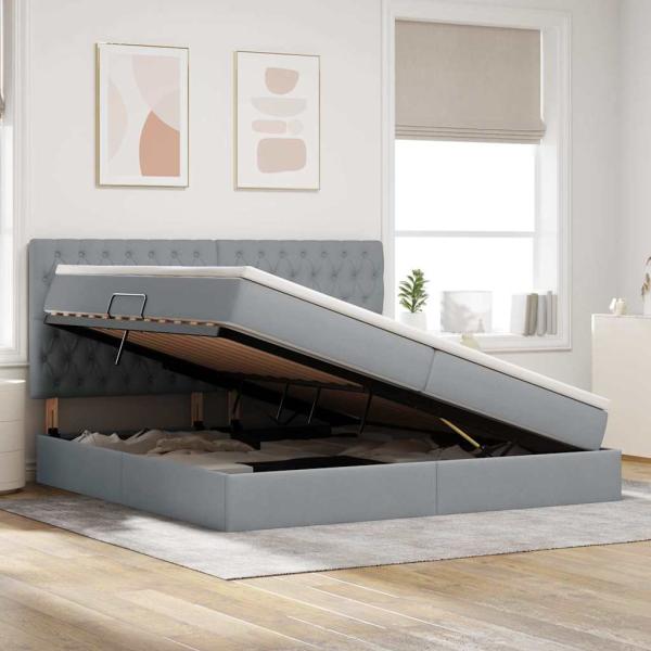LED-Speicherbett mit Matratze Hellgrau 200 x 200 cm Stoff