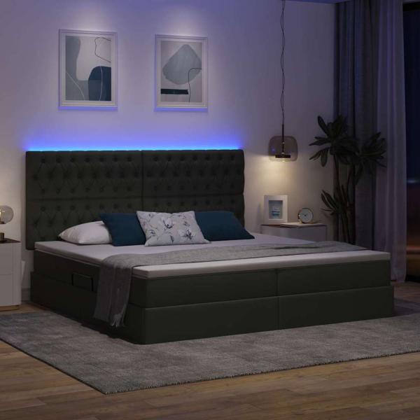 Bett mit LED-Lichtleisten Dunkelgrau 200 x 200 cm Stoff
