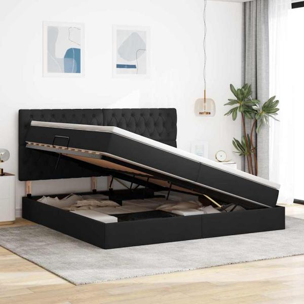 Bett mit LED-Lichtleisten Schwarz 200 x 200 cm Stoff