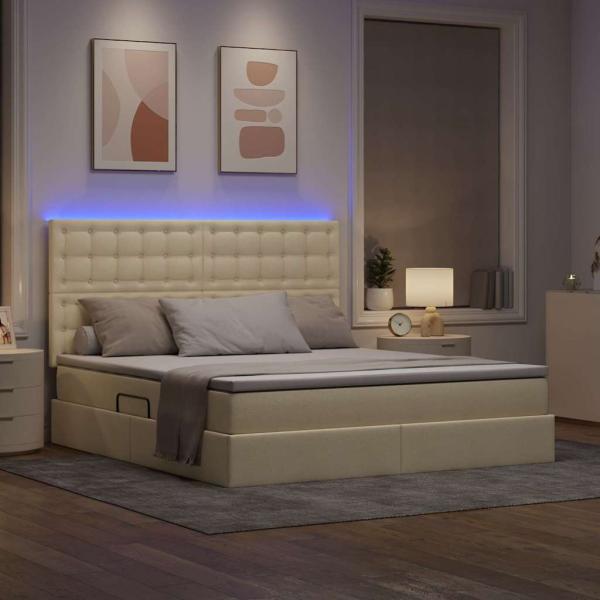 Bett mit LED-Lichtleisten mit Kopfteil Creme 180 x 200 cm Stoff