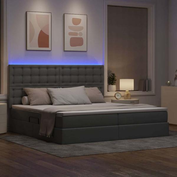 Bett mit LED-Lichtleisten Hellgrau 200 x 200 cm Stoff