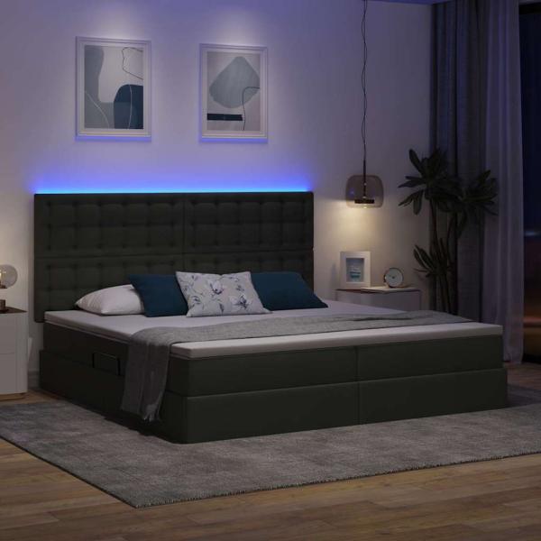 Bett mit LED-Lichtleisten Dunkelgrau 200 x 200 cm Stoff