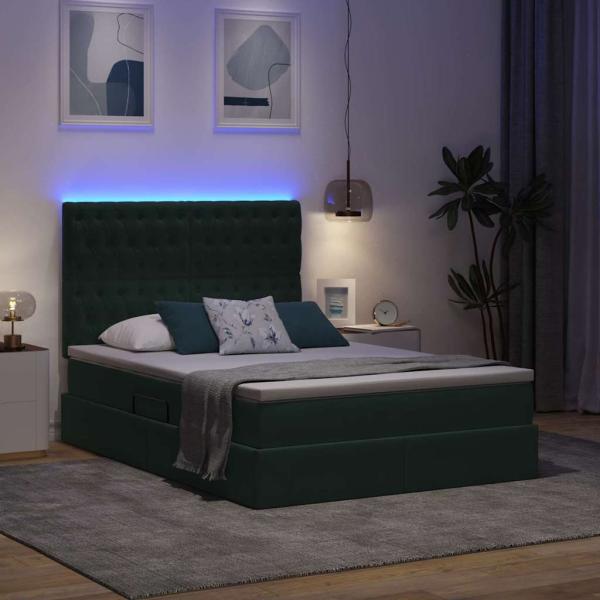 LED-Speicherbett mit Matratze Dunkelgrün 140 x 200 cm Samt