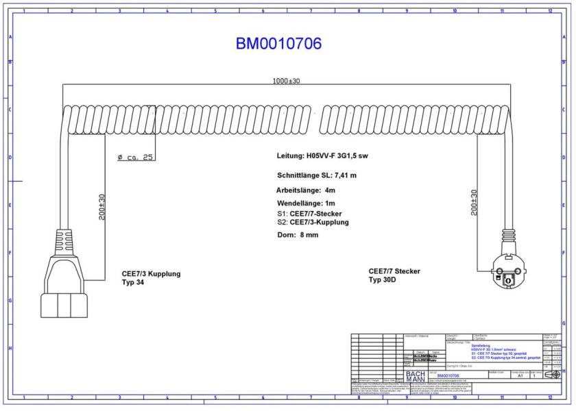 ARDEBO.de Bachmann Spiralleitung H05VV-F 3G1,5qmm, 4,0m, CEE7/7 , schwarz (BM0010706)