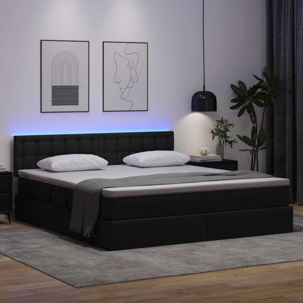 Bett mit LED-Lichtleisten mit Kopfteil Schwarz 160 x 200 cm PVC