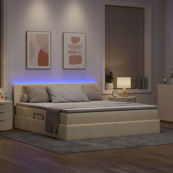 Bett mit LED-Lichtleisten mit Kopfteil Creme 160 x 200 cm Stoff