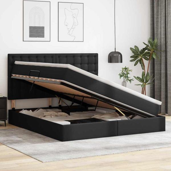 Bett mit LED-Lichtleisten mit Kopfteil Schwarz 160 x 200 cm PVC