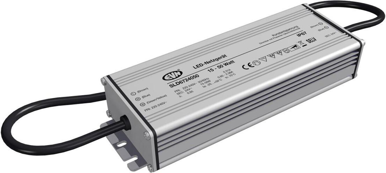 ARDEBO.de EVN SLD-Serie Netzgerät 24V/DC, 15-50W, IP67, Primär: 220-240V, dimmbar mit Phasenan- und Phasenabschnitt-Dimmer (SLD6724050)