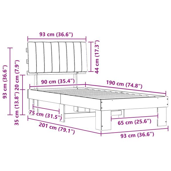 Bettgestell mit gepolstertem Kopfteil Schwarz 90 x 190 cm