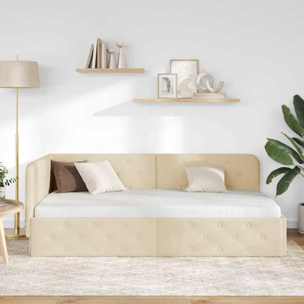 Eckbettgestell mit Kopfteil Creme 90 x 190 cm Stoff