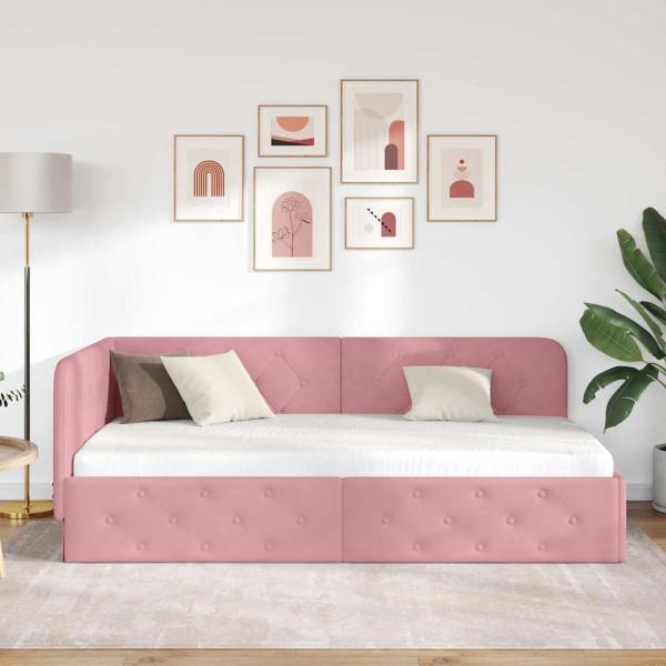 Eckbettgestell mit Kopfteil Rosa 90 x 190 cm Samt