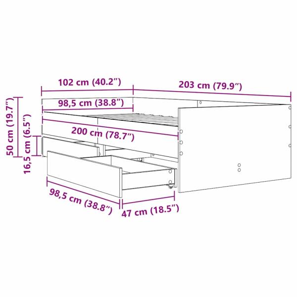 Bettrahmen mit Schubladen Schwarz Eichen-Optik 100 x 200 cm